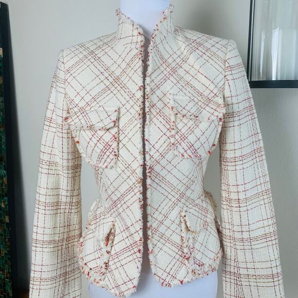 Vintage Anne Klein Size 2 Women's Tweed Fringe Blazer Jacket Wool Cotton Fall - Picture 2 of 13